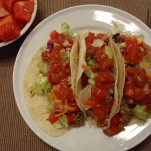 Ground Beef Tacos, seasoned with my own Taco Seasoning blend, topped with bagged Chopped Salad and some nice Salsa