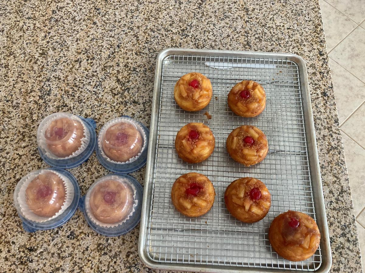 Individual Pineapple Upside Down Cakes for the Neighborhood Girls Bingo Night Out.
I even brought some in to-go packaging for the gals to take home to