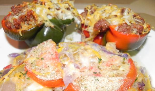 Stuffed bell peppers, squash and purple cabbage casserole