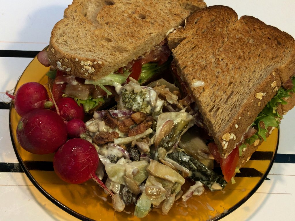 2024-07-30 Bacon, lettuce, and tomato on whole grain toast accompanied by leftover broccoli sa...jpg