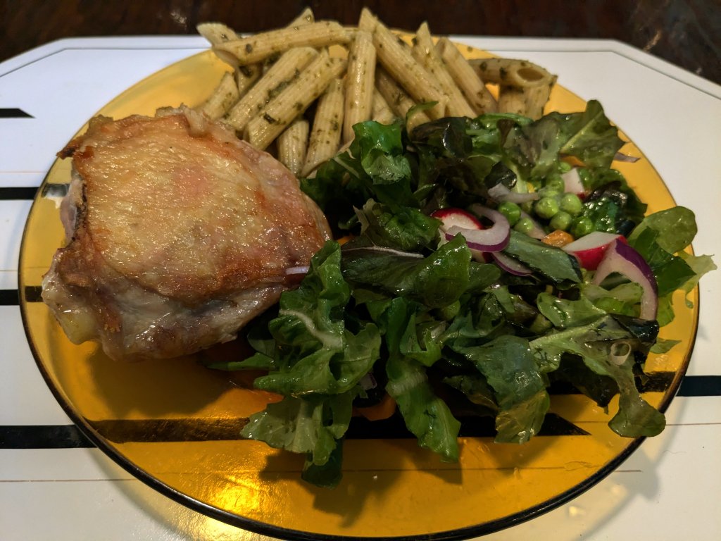 2024-08-13 Crispy chicken thigh, ww penne with pesto, and a salad 1.jpg