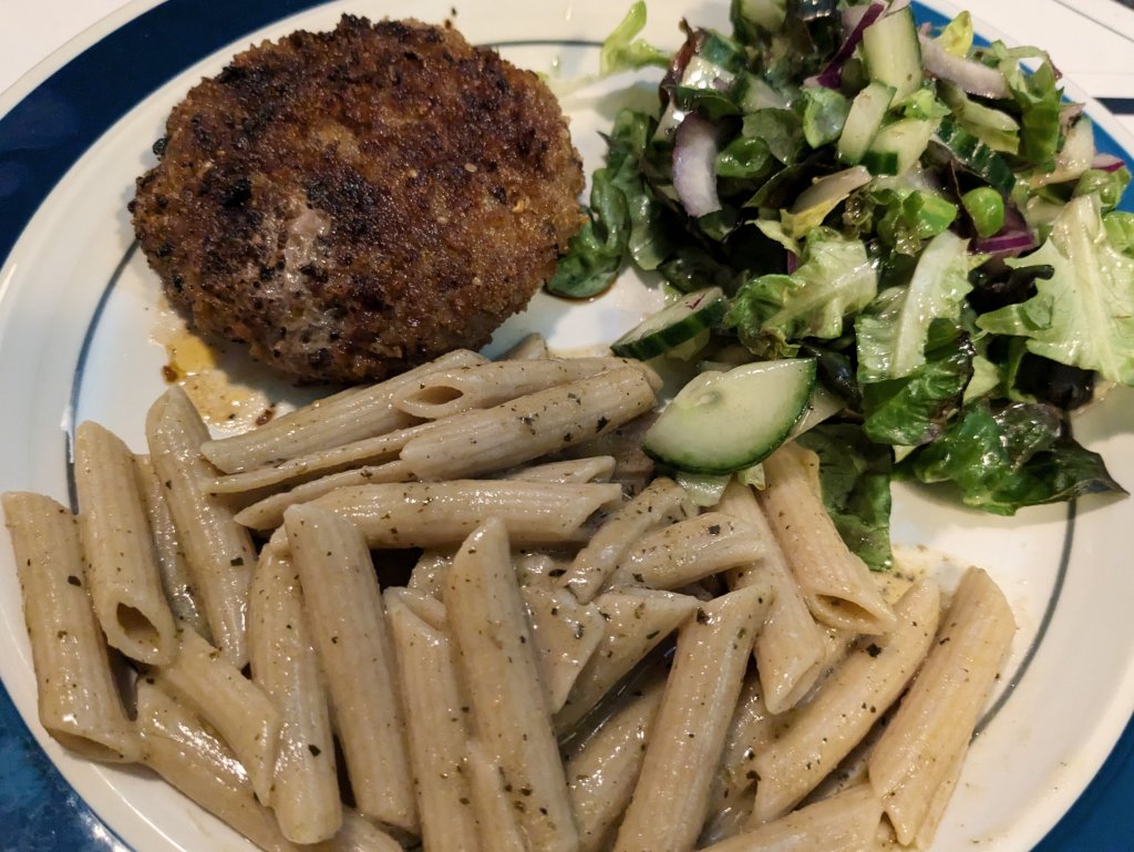 2024-09-01 Italian seasonings krebinet with penne with pesto sauce, and a salad1.jpg