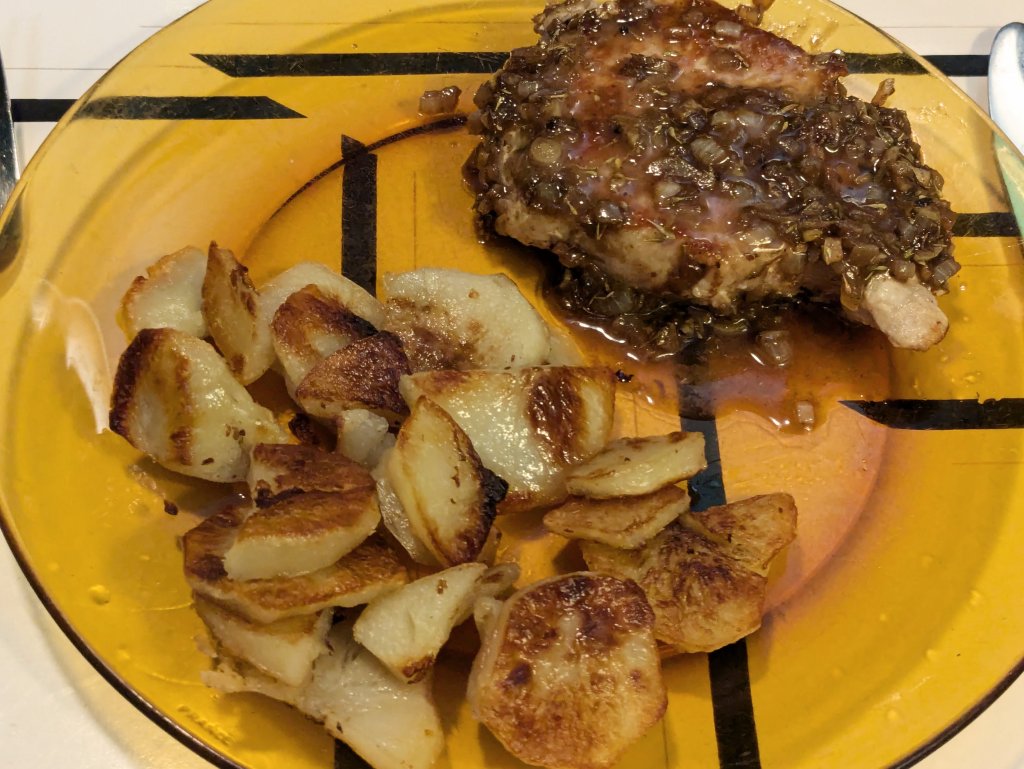 2024-09-08 Pork chop Lyonnaise with home fries and a a cucumber-tomato-Boston lettuce salad1.jpg