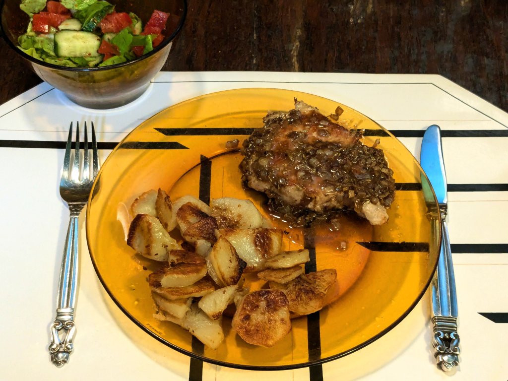 2024-09-08 Pork chop Lyonnaise with home fries and a a cucumber-tomato-Boston lettuce salad2.jpg