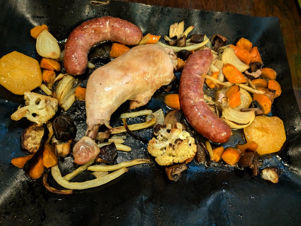 2024-09-23 Tray bake of sausage, chicken leg, mushrooms, and veggies on tray.jpg