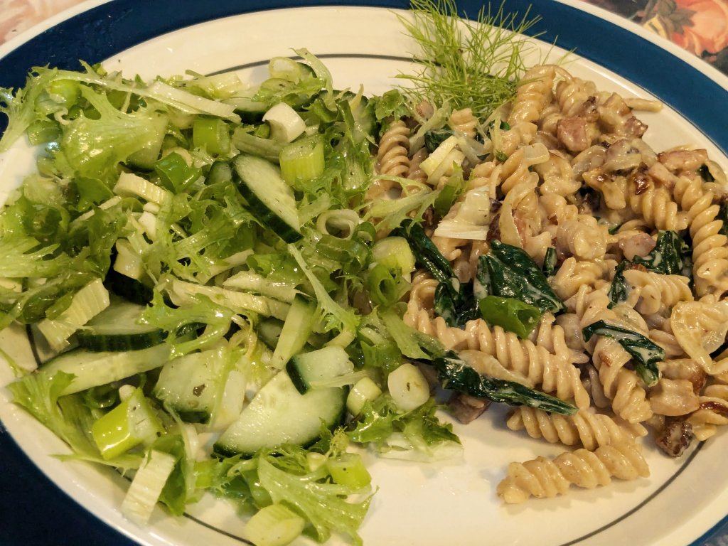 2024-09-27 Fusilli in a creamy bacon and spinach sauce, also salad3.jpg