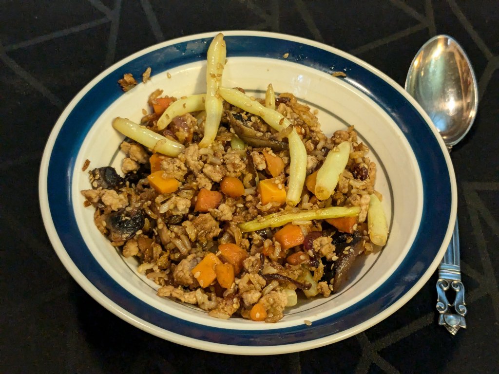 2024-10-03 Bachelor Surprise with ground pork, veggies, brown basmati rice, sesame seeds3.jpg