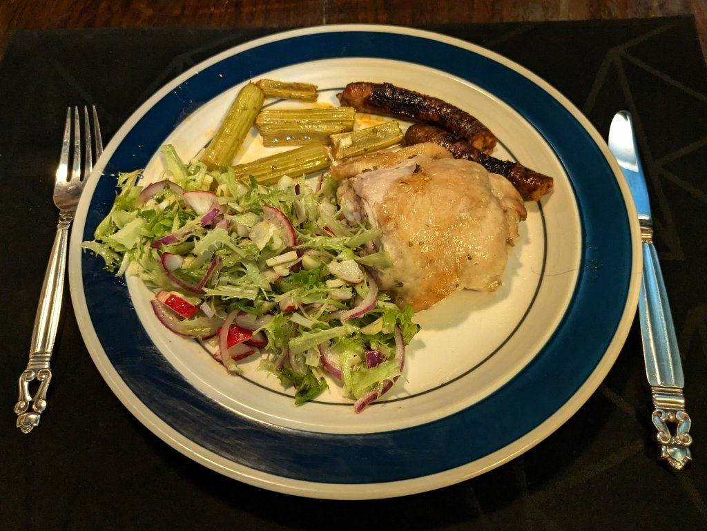 2024-10-07 Roast chicken thigh, merguez sausage, celery, and a salad1.jpg