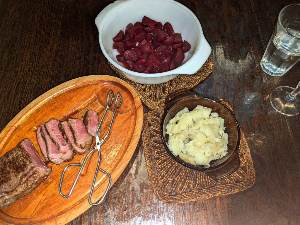 2024-10-25 Striploin steak, potatoes out of their jackets, and beets with lemon and butter1.jpg