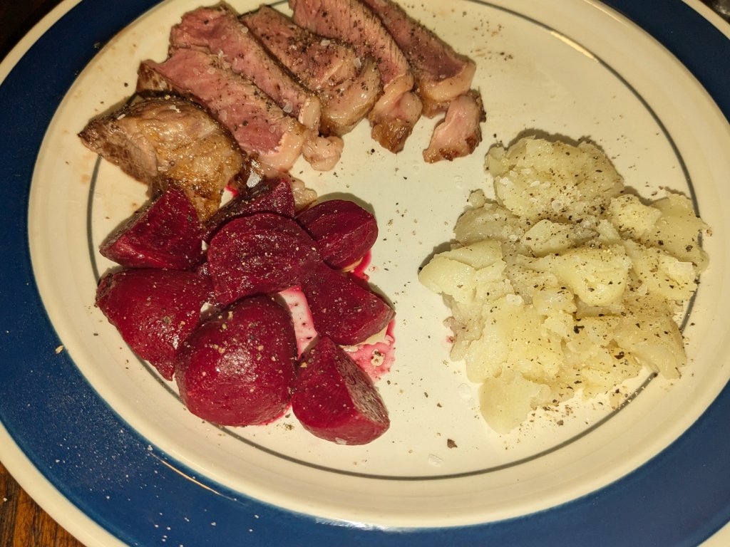 2024-10-25 Striploin steak, potatoes out of their jackets, and beets with lemon and butter4.jpg