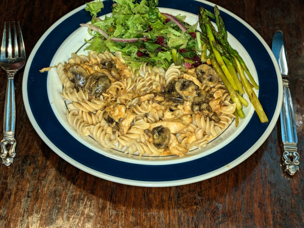 2024-10-29 Chicken Stroganoff redux with salad and asparagus1.jpg