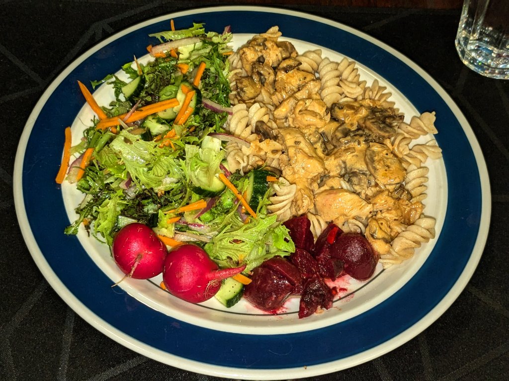 2024-11-01 Chicken Stroganoff on ww fusilli, beets with lemon and butter, and a salad1.jpg