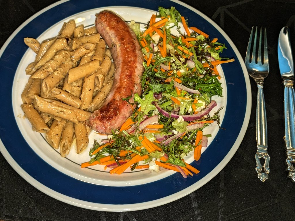 2024-11-03 Santiago sausage with penne and a garlic, anchovy, cream sauce and a salad1.jpg