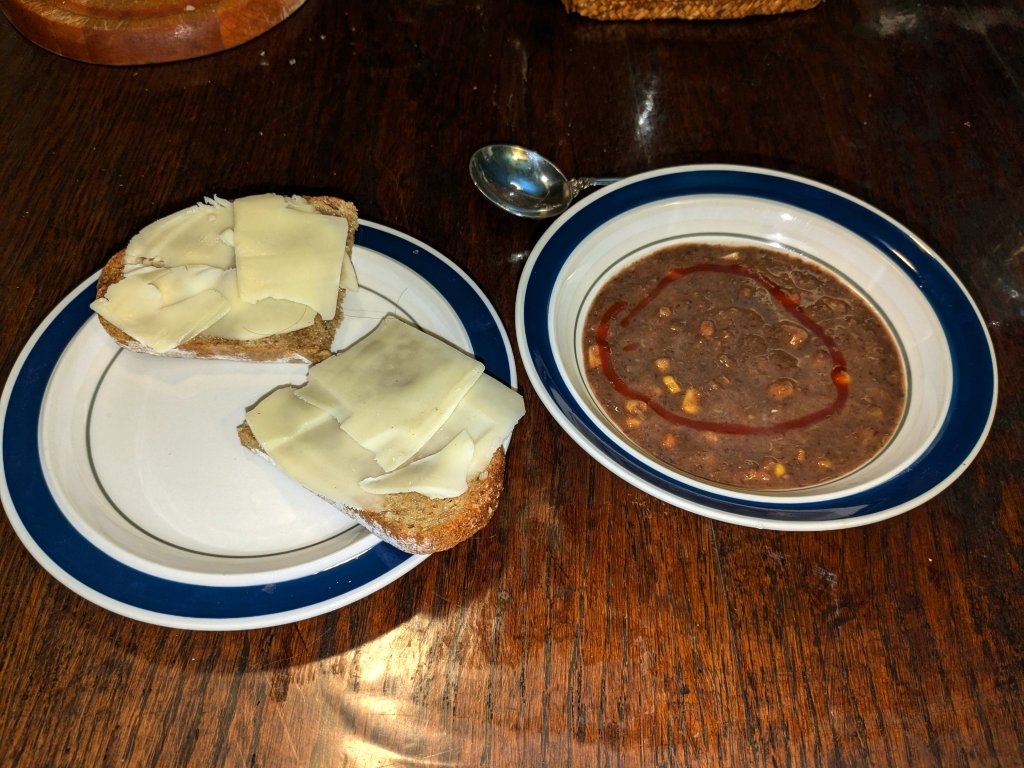 2024-11-07 Canned black bean soup and wholewheat toast wtih Fontina cheese.jpg