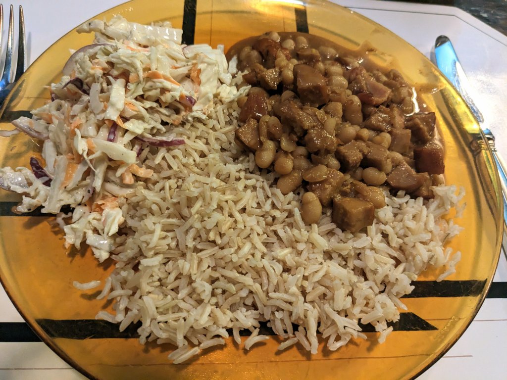 Beans with pork, coleslaw, and brown basmati rice.jpg