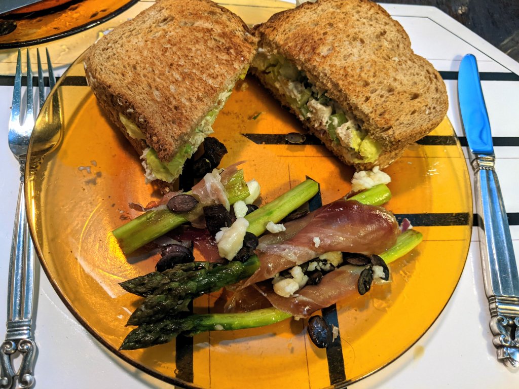 Chicken salad sandwich and an asparagus side salad with dry cured ham and feta.jpg