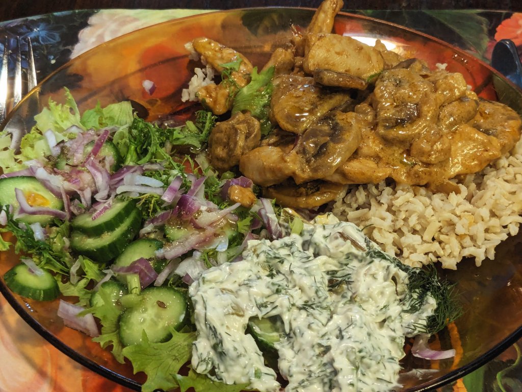 Chicken Stroganoff, salad, asparagus salad, brown basmati rice.jpg