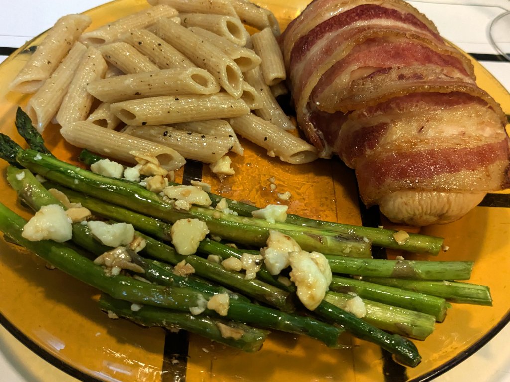 Chicken with cream cheese and wrapped in bacon, sparagus, and penne.jpg