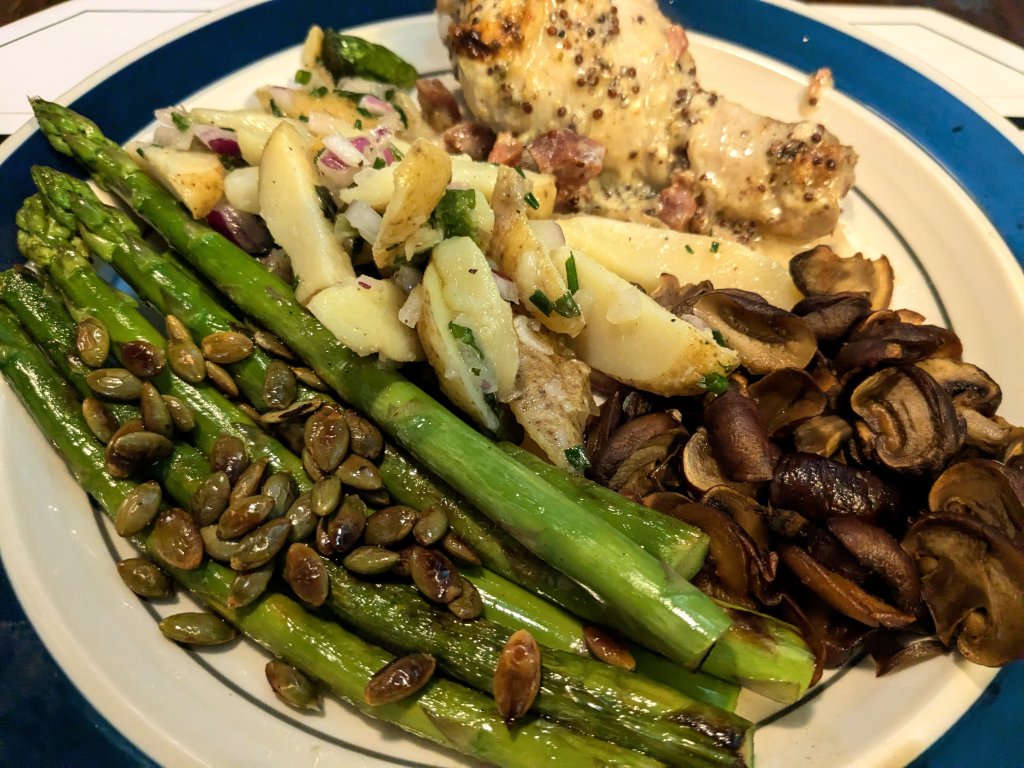 Chicken with Mustard and Crème Fraîche, kartoffelsalat, asparagus, and 'shrooms.jpg