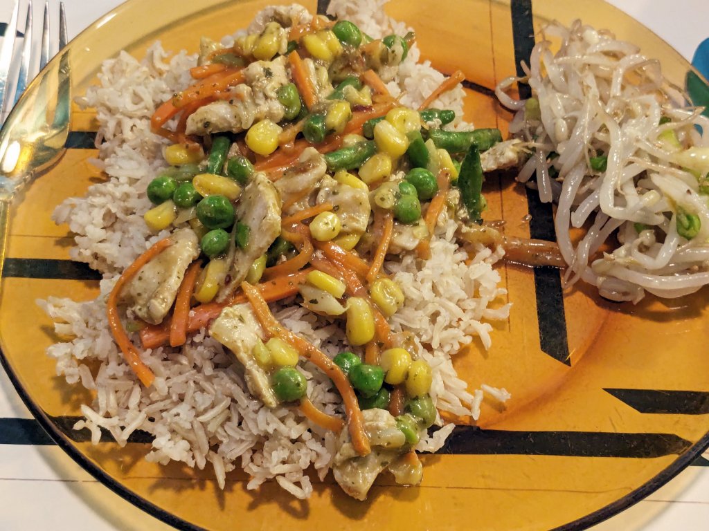 Chili coconut chicken stir fry, bean sprout side dish, and brown basmati rice.jpg