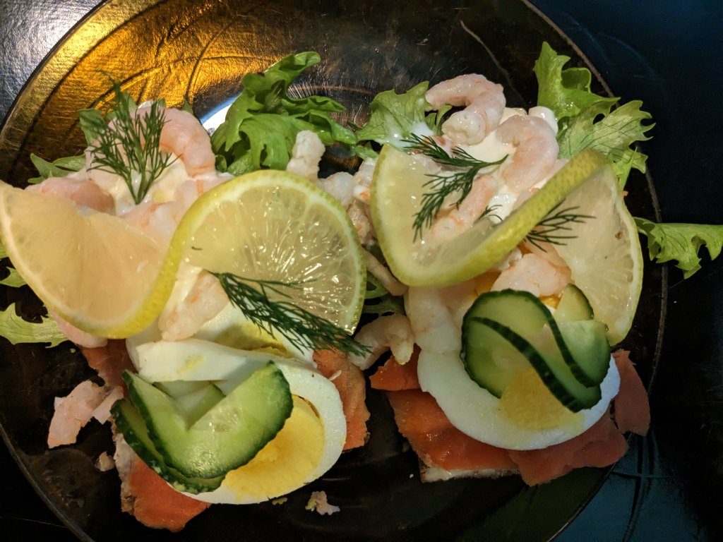 Danish style smørrebrød with smoked salmon, egg, and shrimp.jpg