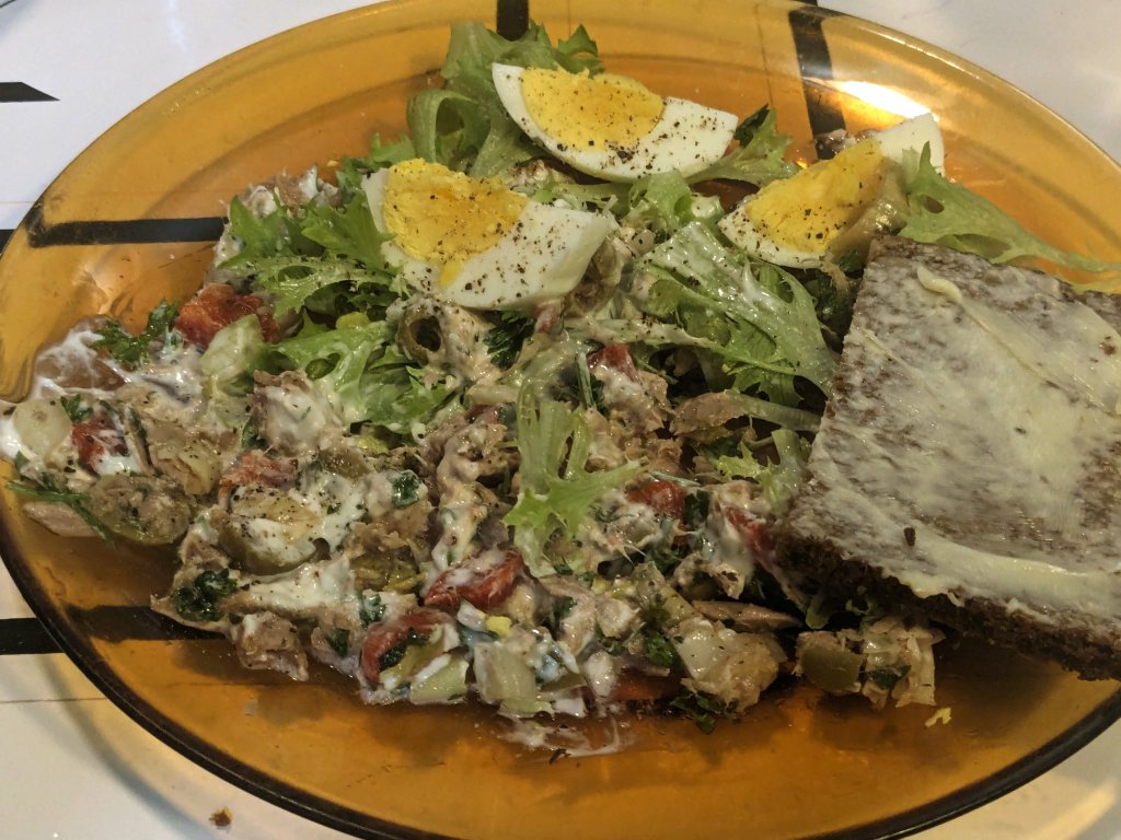 Doctored Antipasto tuna salad with rugbrød and egg.jpg