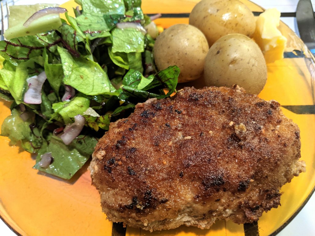 Ground pork cordon bleu, small potatoes, and a leafy salad.jpg
