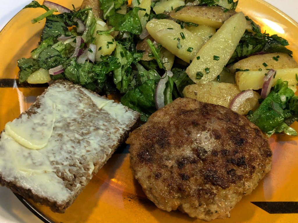 Italian inspired pork patty (karbonade) with potato salad and rugbrød.jpg