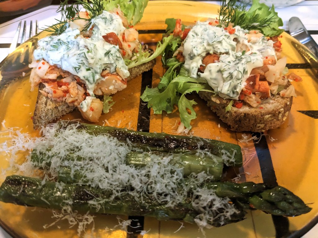 Lobster salad on wholewheat toast and pan roasted asparagus with grana padana.jpg