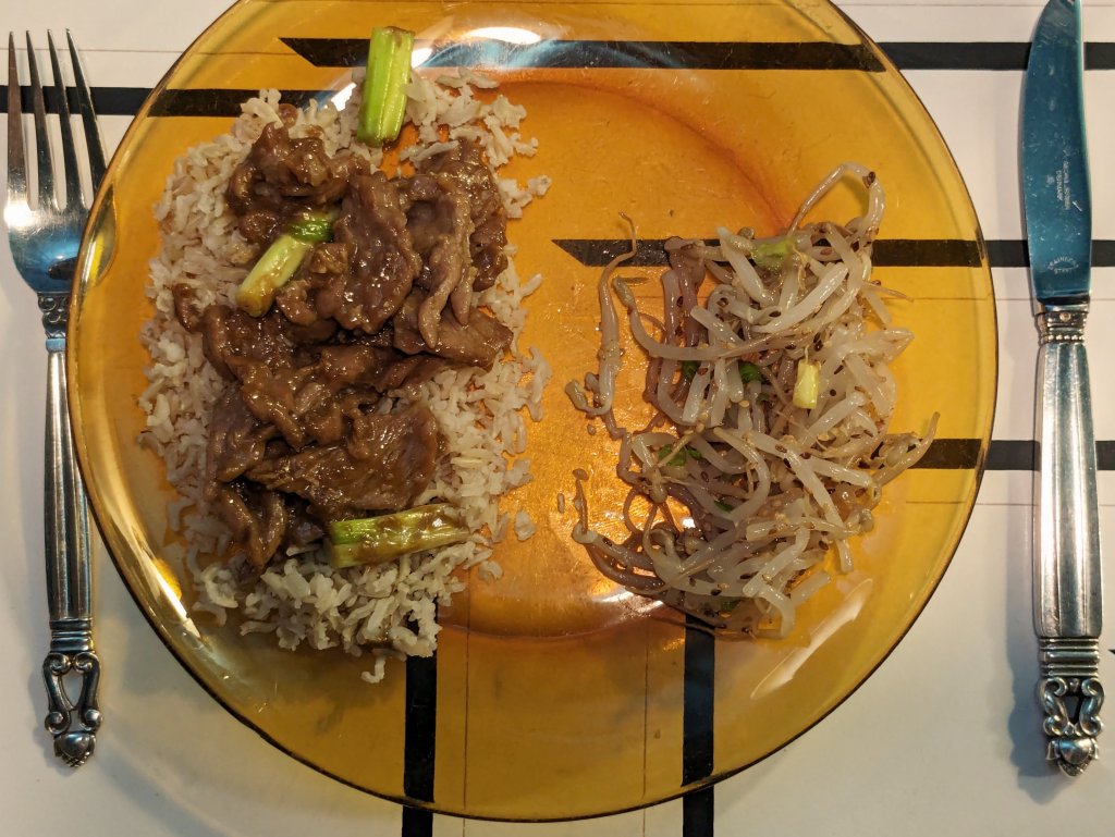 Mongolian beef, brown basmati rice, and a mung bean side dish.jpg