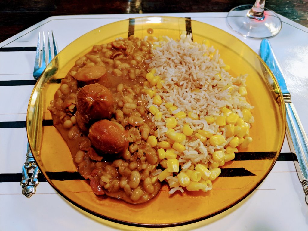 Pork and beans with brown basmati rice and corn.jpg