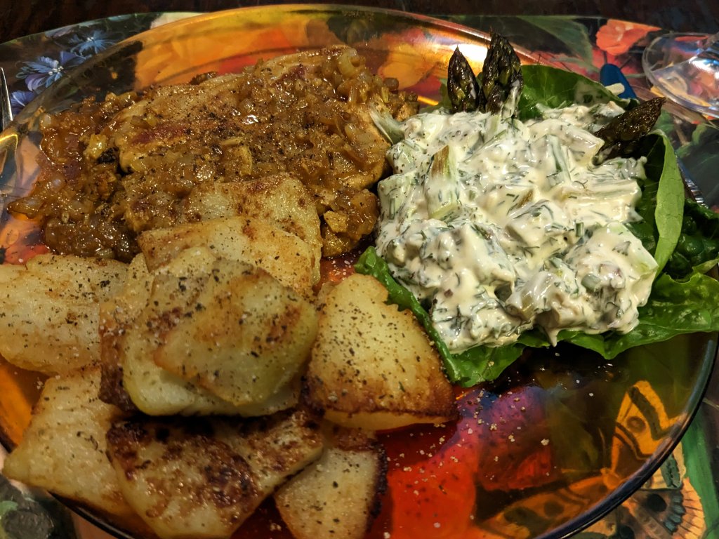 Pork chop Lyonnaise, asparagus and herbs salad, home fries..jpg