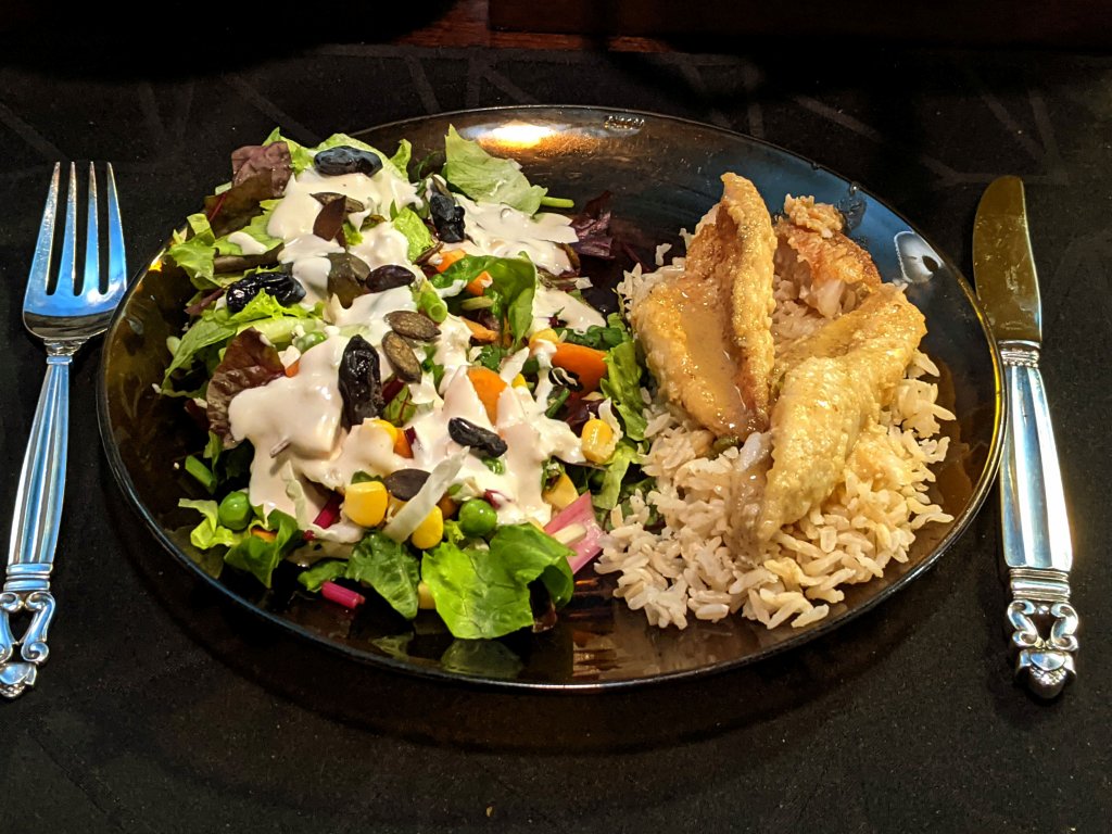 Redfish piccata, salad, and brown basmati rice 2.jpg