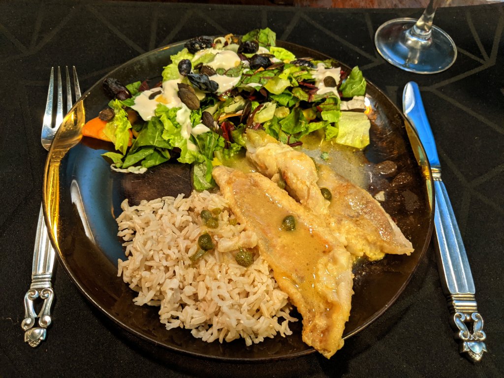 Redfish piccata, salad, and brown basmati rice 3.jpg