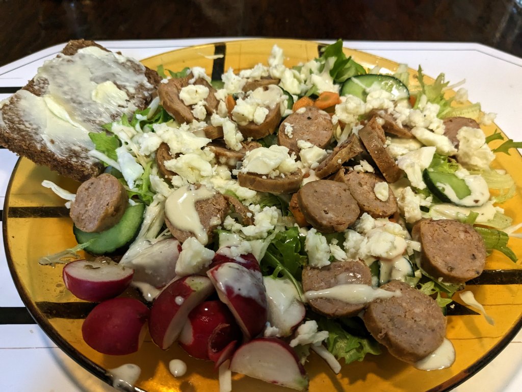 Salad with Italian sausage, feta, and rugbrød.jpg