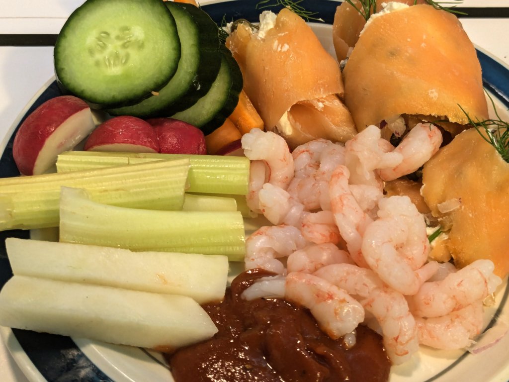 Smoked salmon rollups, shrimp sauce, shrimp, and crudités.jpg