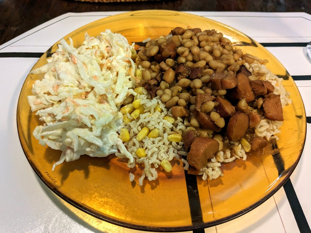 Stove top beans, brown basmati rice with corn, and coleslaw.jpg