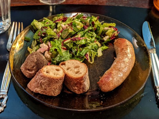 Mild Italian sausage and salad, with wholewheat baguette and EVOO-balsamic dip 2.jpg