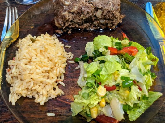 Meatloaf, salad, and rice pilaf.jpg