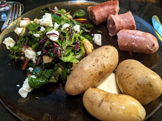 White wine & shallot sausages, fingerling potatoes, and a salad with feta and homemade vinaigr...jpg