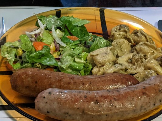 Roasted sauasages, tortlellini with garlic-anchovy-pesto cream sauce, leafy salad.jpg