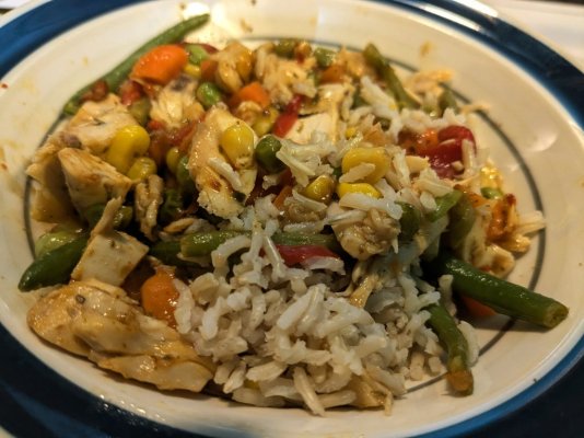 2024-08-04 chicken and veggie stir fry on brown basmati rice.jpg