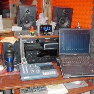 Computer recording + 4 track cassette "notebook", drum machine is at lower left