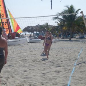 Beach volleyball. Me on the left, Madeleine in the middle...her team won.