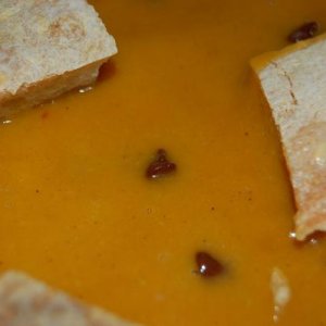 The soup had a very creamy texture and had a hint of sweetness. There was a light heat from the chili that warmed. A very good winter soup. Frank is n