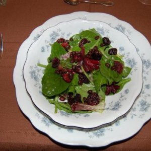 Course three was a salad of baby spinach, baby arugula, and baby lettuce in a red wine vinaigrette topped with cocoa nibs and dried cherries. It was g