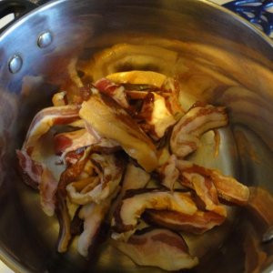 Hickory Smoked Country Bacon Ends & Pieces

Because of the saltiness of the bacon, I blanched it prior to frying.