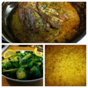 Roasted leg of lamb w/Brussel sprouts and rice pilaf.
