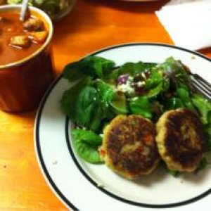 Homemade Roasted Red Pepper soup w/Spicy Crab cakes over spinach salad.