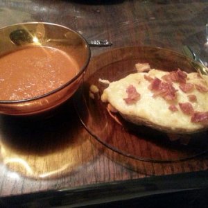 2014-03-30 Tomato soup and twice baked potato with bacon pieces